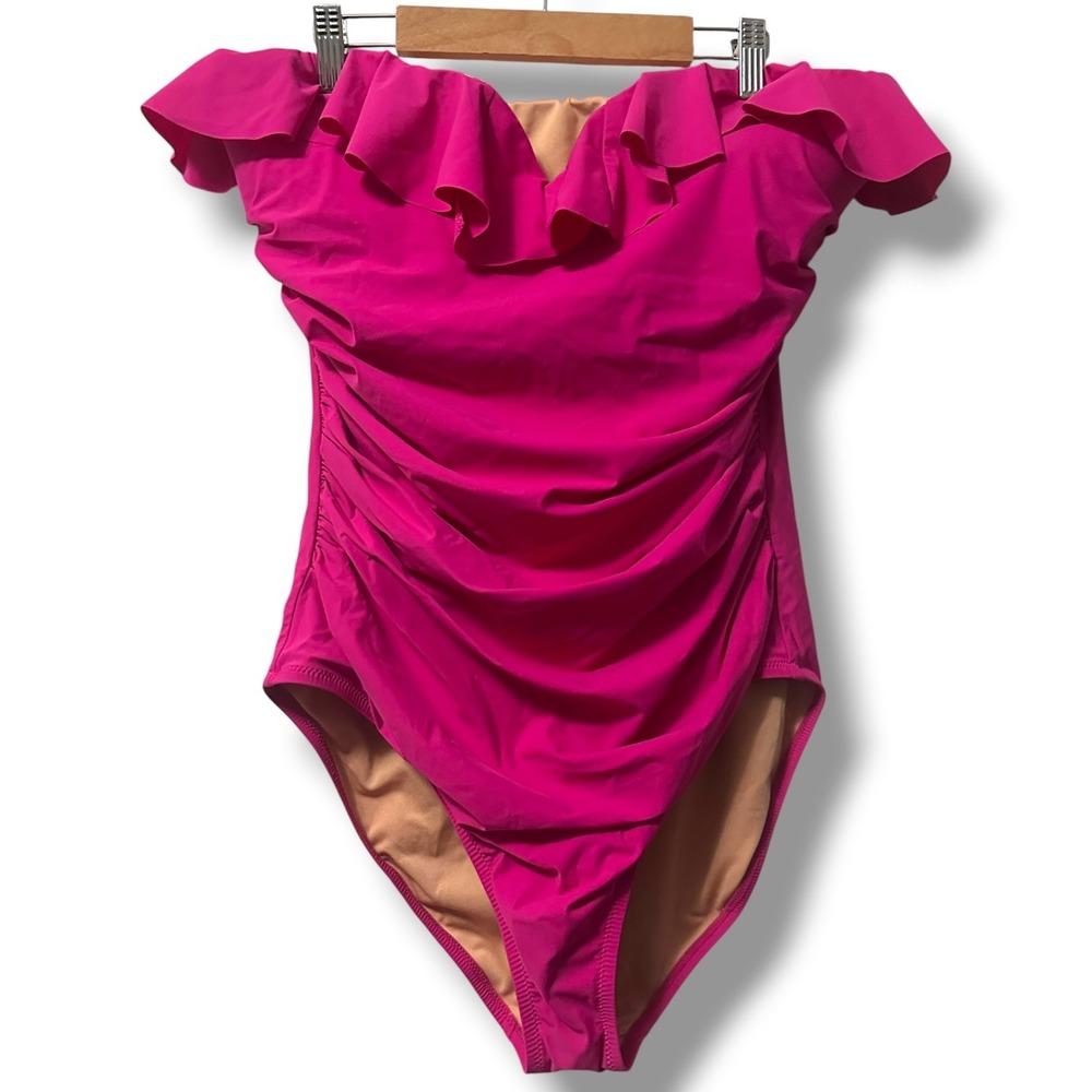 J.Crew Women's Matte Ruched One-Piece Swimsuit Ruffles Pink 14 Vacation Beach